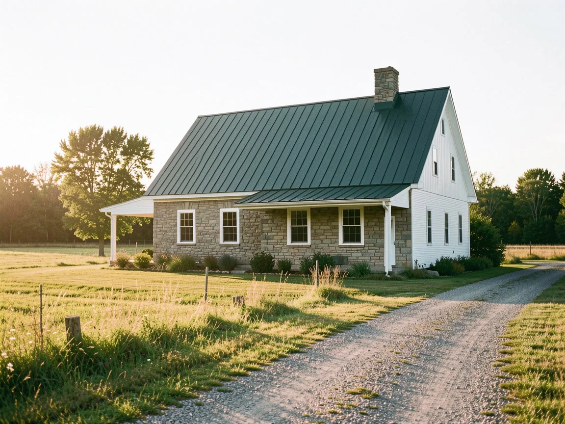 Standing seam metal roof on a farmhouse near St. Thomas, Ontario by London Ontario Roofing Co.