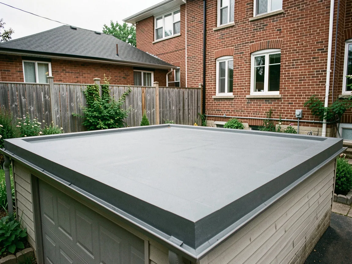 Flat roof replacement on a detached garage in Old East Village, London, Ontario