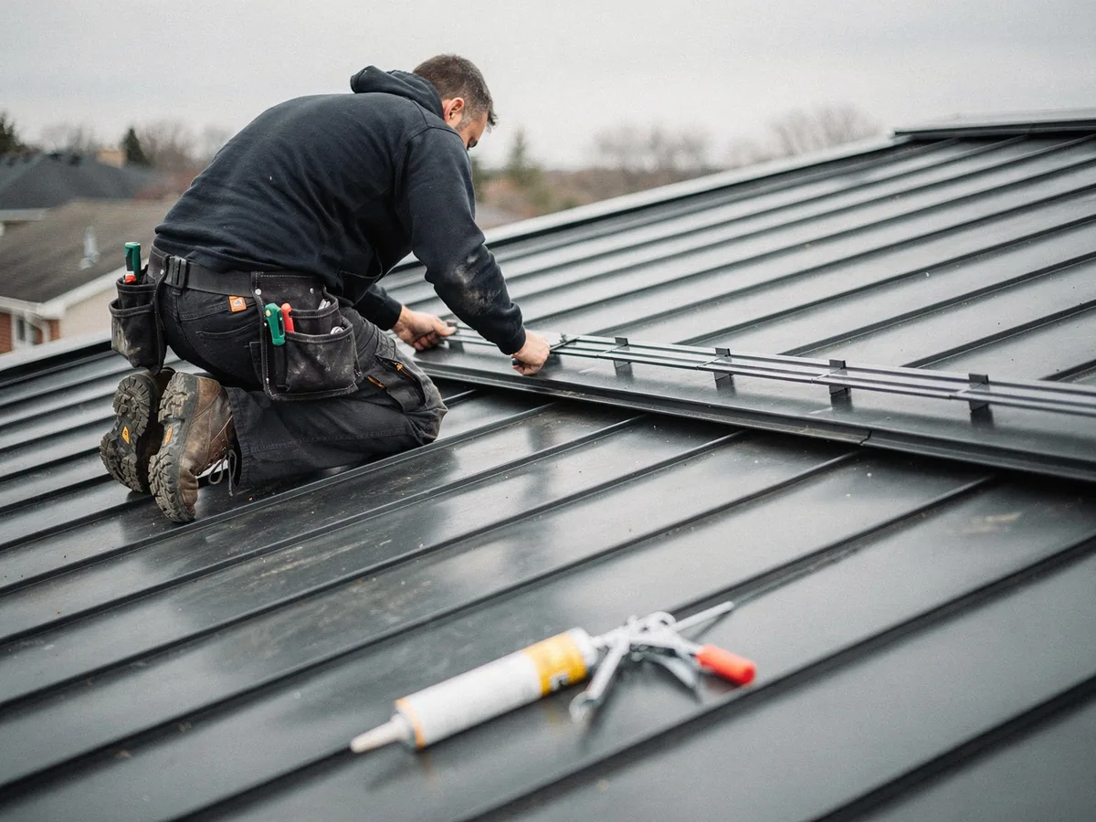 Fitting snow guards on a completed metal roof in London, Ontario