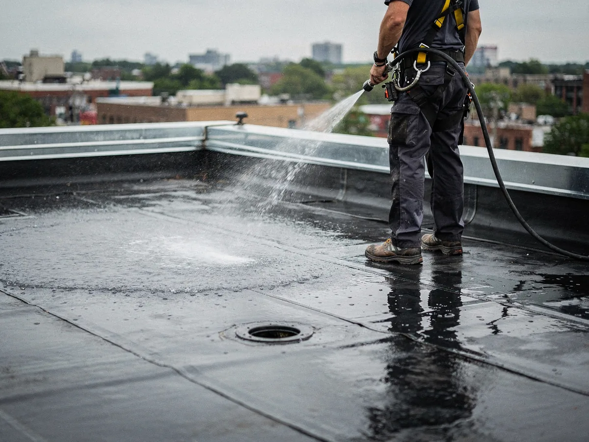 Water testing a completed flat roof in London, Ontario